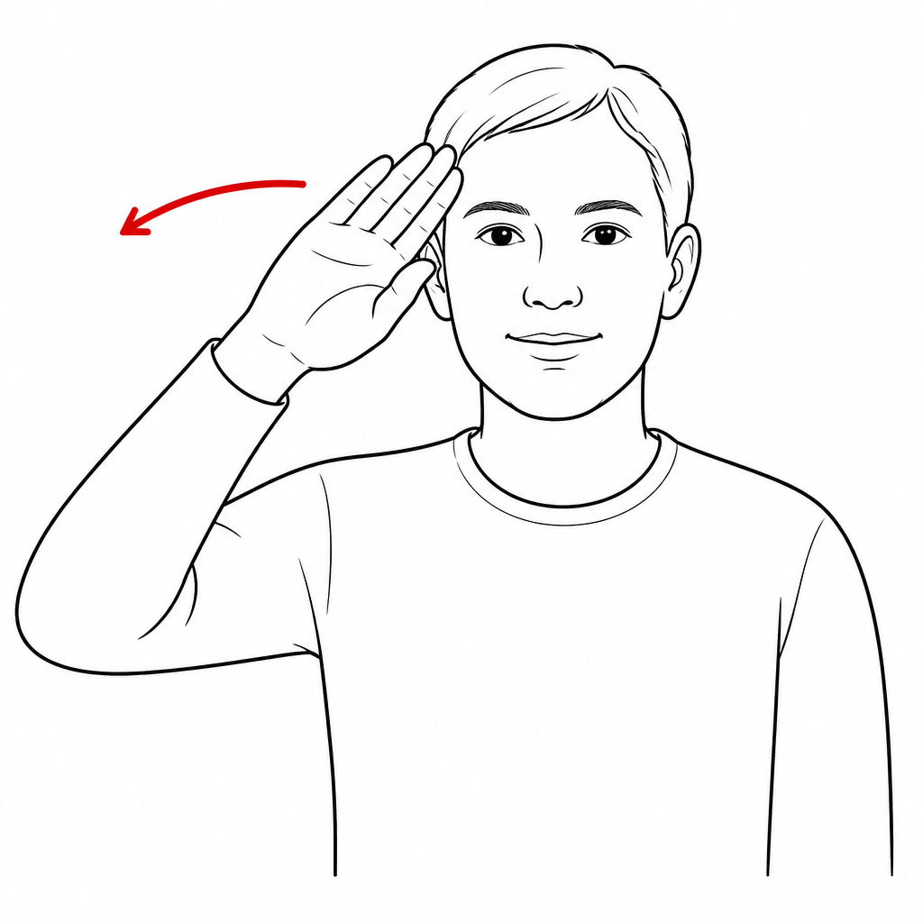 Line drawing of the ASL sign 'Hello': flat hand at the forehead moving outward with a red motion arrow.