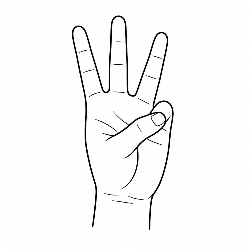 ASL letter W: three fingers (index, middle, ring) extended and spread; thumb holds the pinky down.
