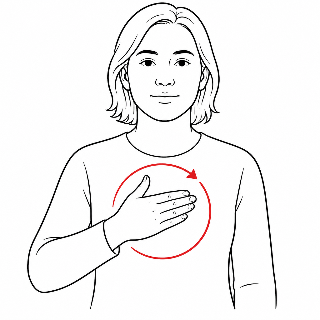 Line drawing of the ASL sign 'Please': flat hand circling on the chest with a red motion arrow.