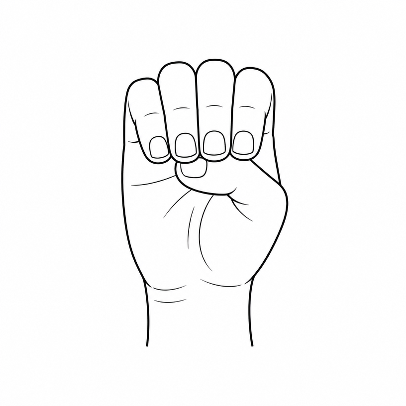 ASL letter E: fingers curled down with fingertips touching a horizontally tucked thumb.