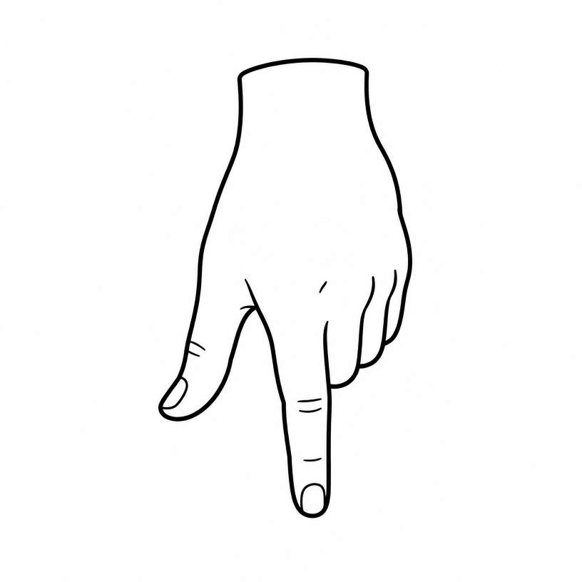 ASL letter Q: G handshape rotated downward — index finger and thumb parallel and pointing down.