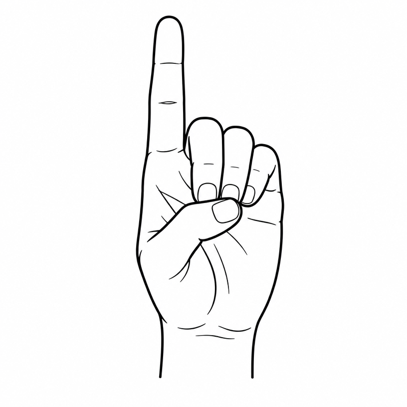 ASL letter D: index finger pointing up, other three fingers touching the thumb tip in a circle.