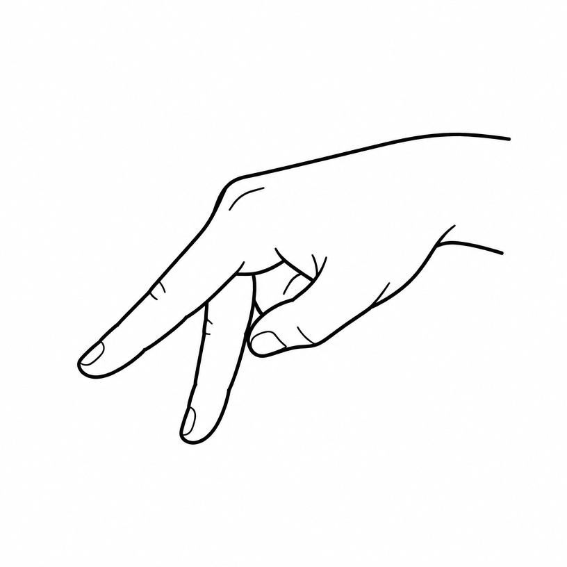 ASL letter P: K handshape rotated downward — index and middle fingers pointing down with thumb between them.