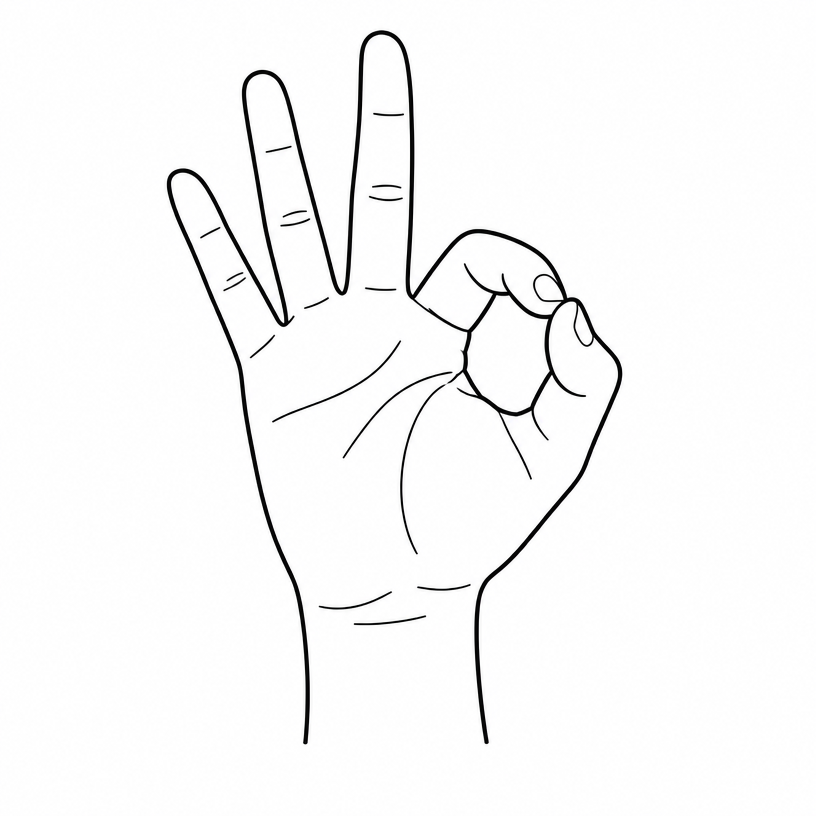 ASL letter F: thumb and index finger touching in a circle, other three fingers extended up.