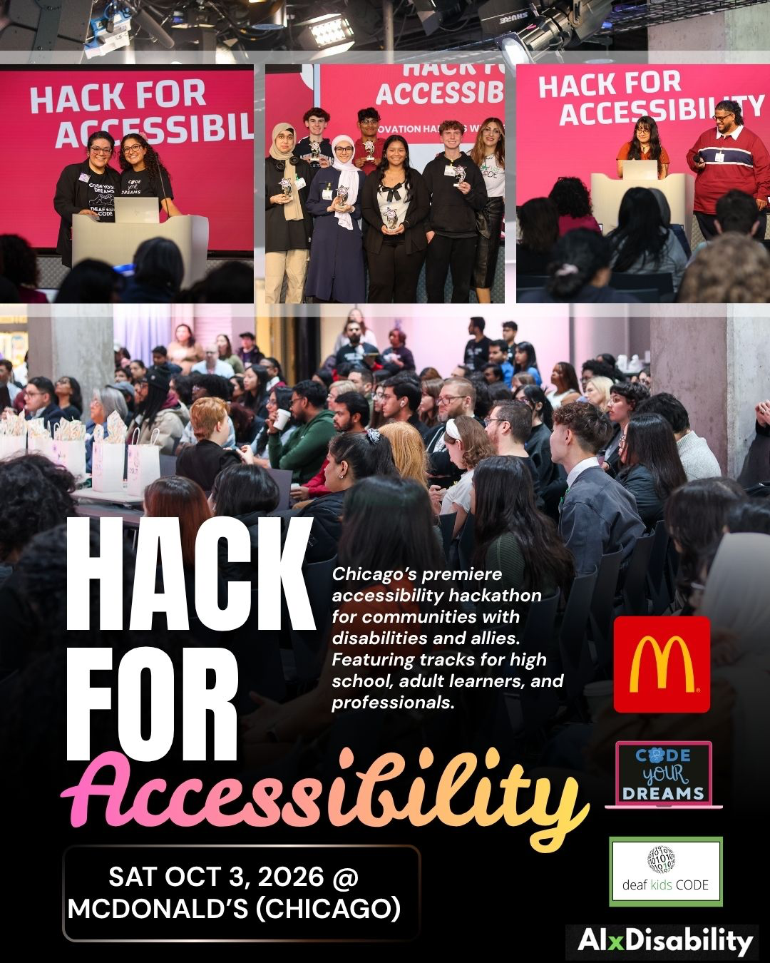 Hack for Accessibility 2025 event collage showing speakers, award winners, and a crowded audience.