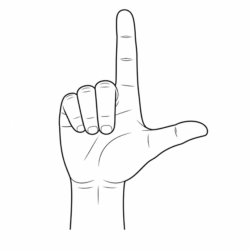 ASL letter L: index finger up and thumb extended out sideways, forming a clear L shape.