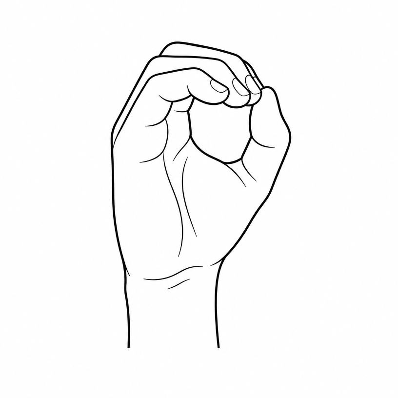 ASL letter O: all fingers and thumb curved to form a round O shape.