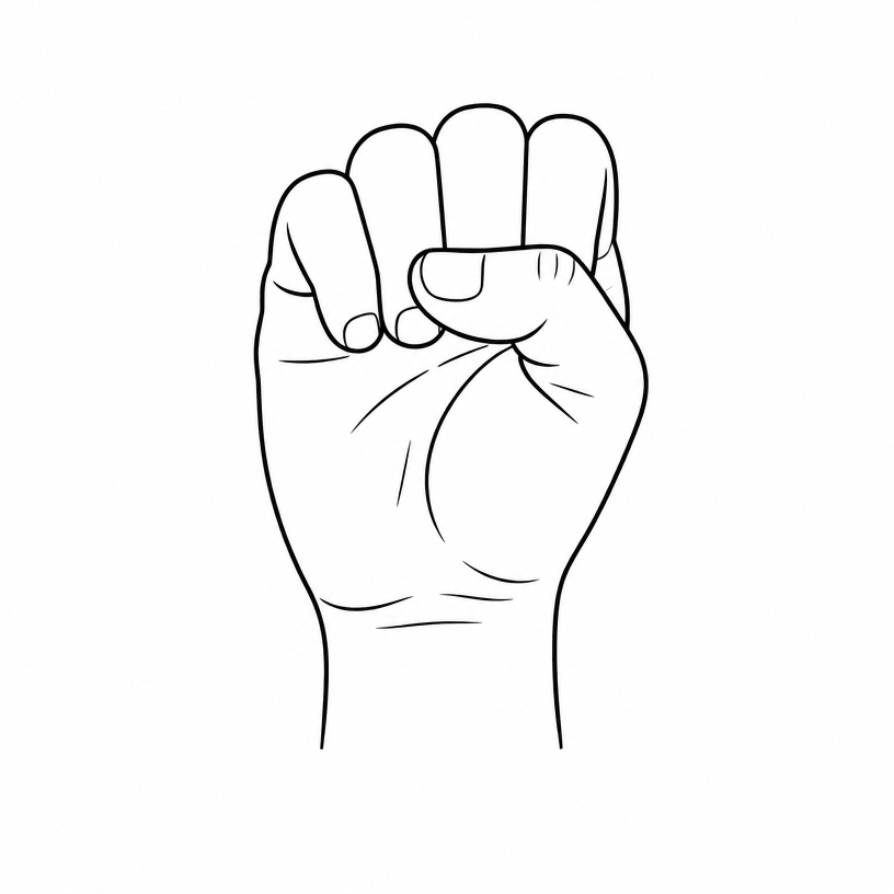 ASL letter S: closed fist with the thumb wrapped across the front of the folded fingers.