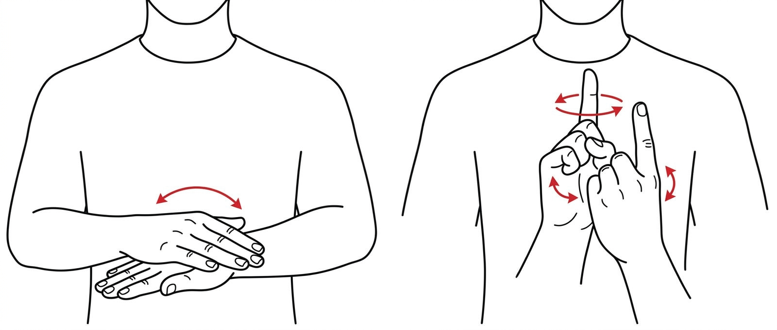 Line drawing of the ASL phrase 'Nice to meet you': flat hand sliding across the other palm, then two index fingers meeting, with red motion arrows.