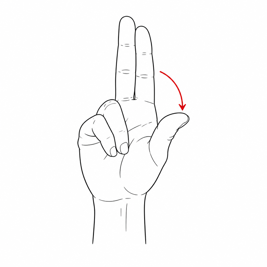 Line drawing of the ASL sign 'No': index and middle finger tapping the thumb closed with a red motion arrow.