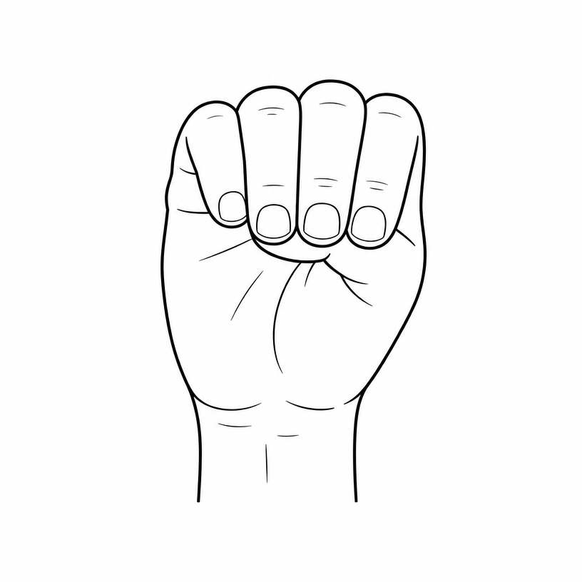 ASL letter M: three fingers (index, middle, ring) folded over a tucked thumb.