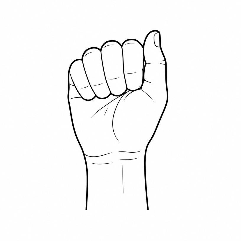 ASL letter A: closed fist with thumb resting alongside the index finger, palm facing viewer.