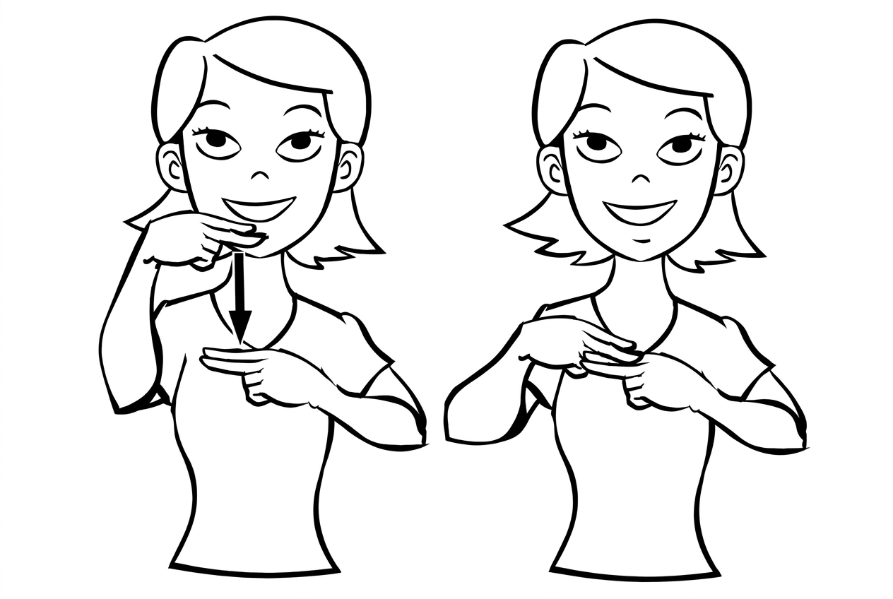 Line drawing of the ASL sign 'Name': two fingers of each hand crossing in an X with a red motion arrow.