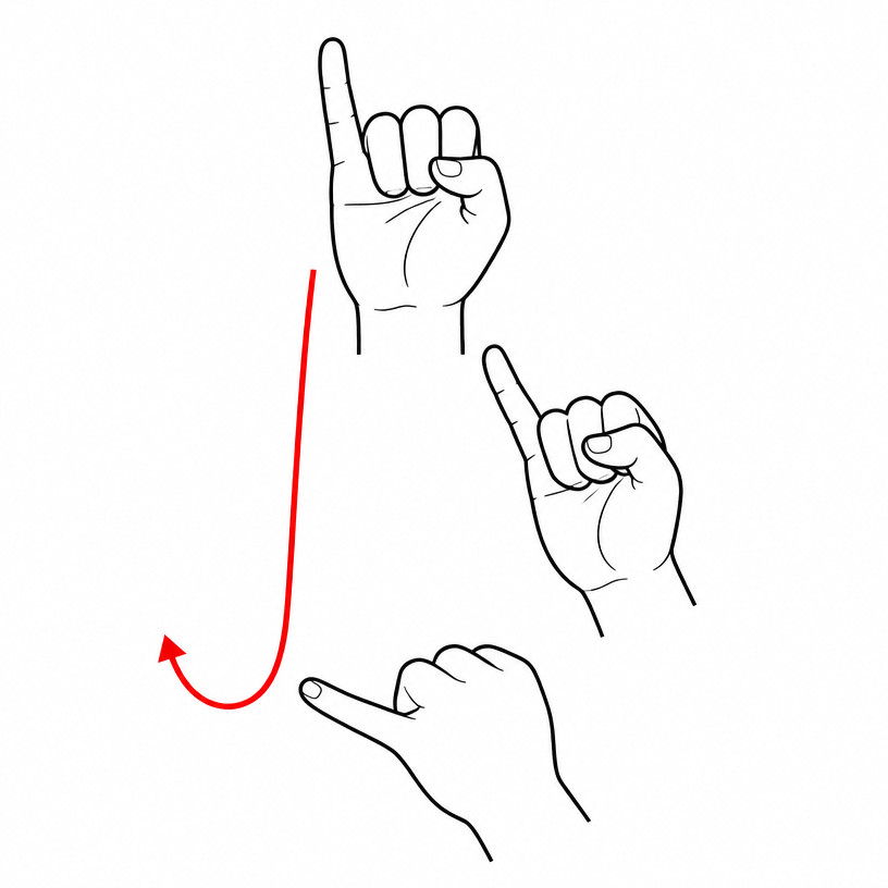 ASL letter J: pinky extended tracing the letter J in the air, shown with a red motion arrow.