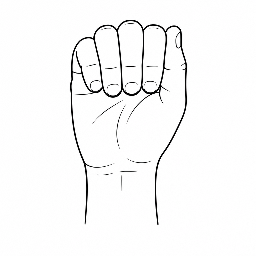 Line drawing of a single right hand held upright with fingers curled into a fist, demonstrating the general signing position used for fingerspelling — palm toward the viewer, at shoulder height.