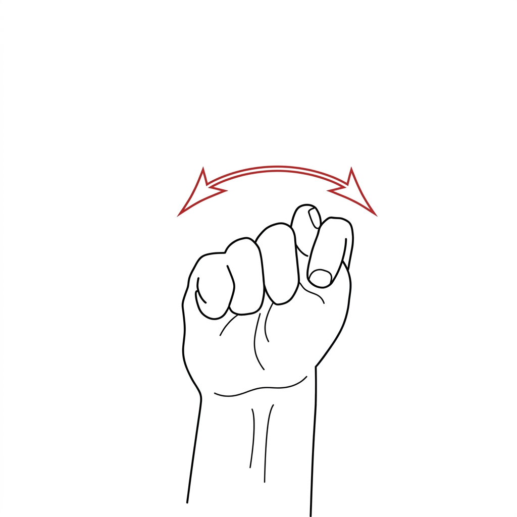Line drawing of the ASL sign 'Bathroom': hand in a T handshape shaking side to side with a red motion arrow.