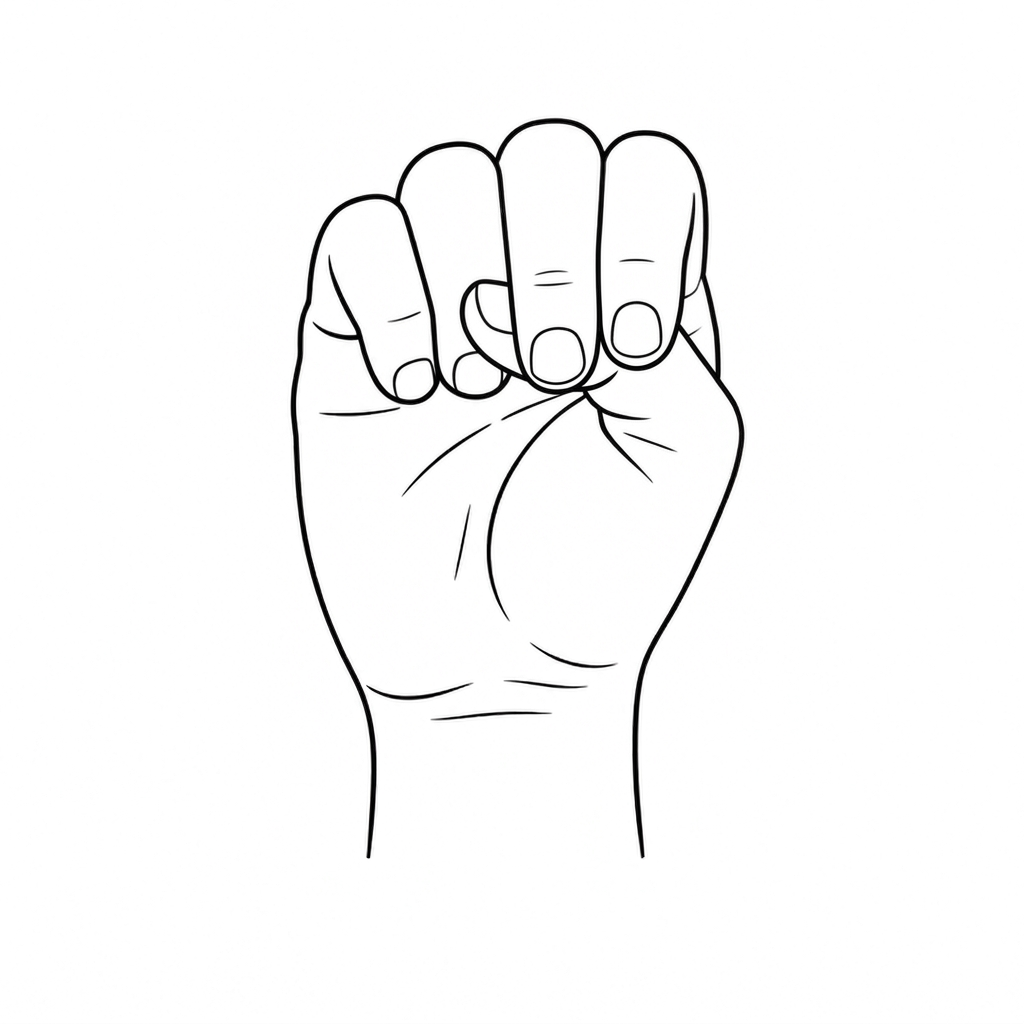ASL letter T: closed fist with the thumb tip poking out between the index and middle fingers.