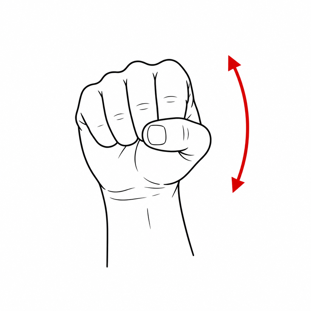 Line drawing of the ASL sign 'Yes': fist nodding up and down with a red motion arrow.