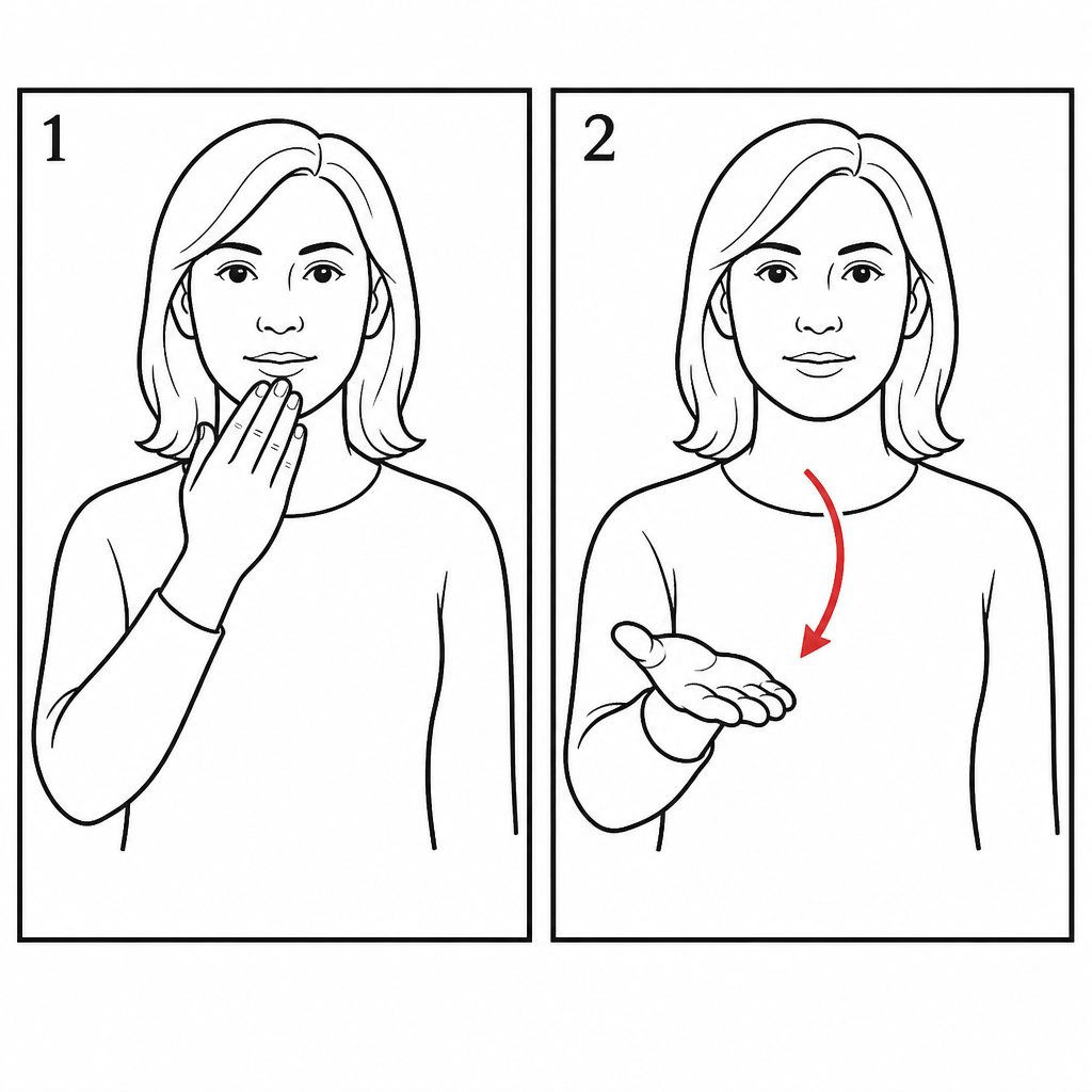 Line drawing of the ASL sign 'Thank you': flat hand at the chin moving forward with a red motion arrow.