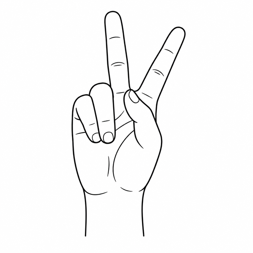 ASL letter K: index finger up, middle finger angled out, thumb touching the base of the middle finger.